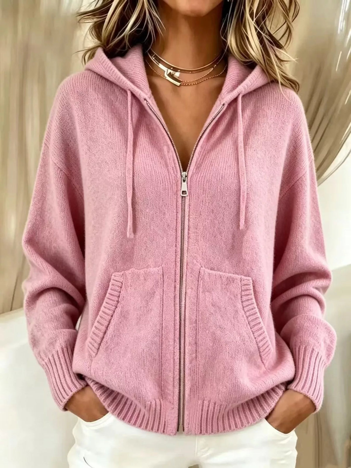 Zip-Up Hooded Knit Cardigan - Pink - View 1