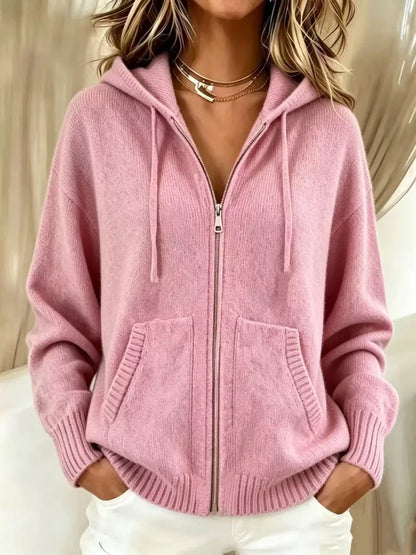 Zip-Up Hooded Knit Cardigan - Pink - View 1