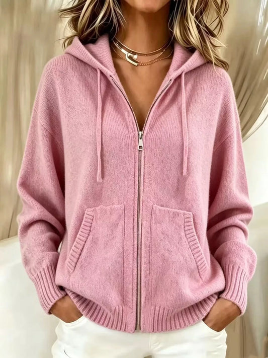 Zip-Up Hooded Knit Cardigan - Pink - View 1