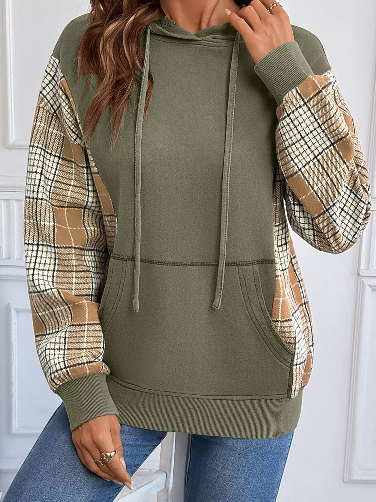 Plaid Sleeve Drawstring Pocket Hoodie - Sage - View 6