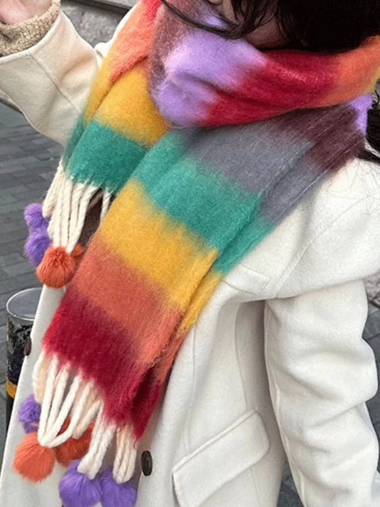 Rainbow Striped Fuzzy Scarf with Pom-Poms - Style A - View 1