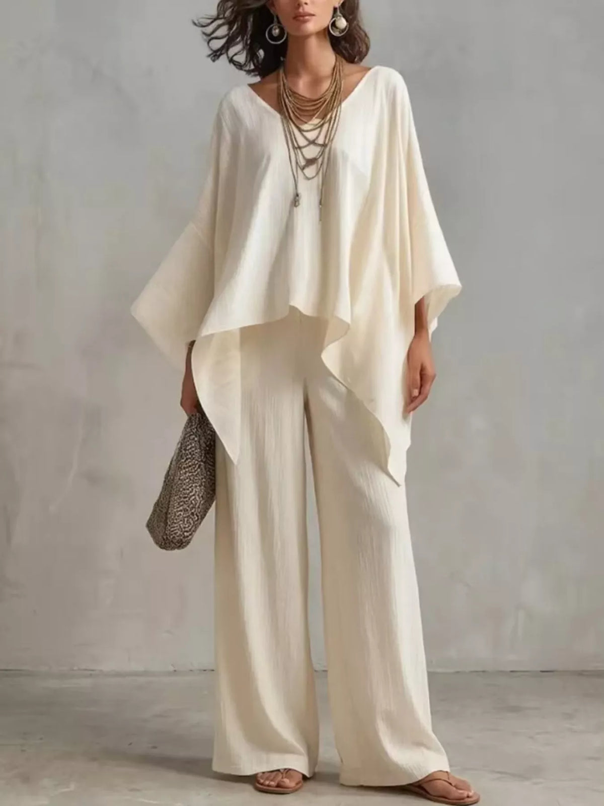 Loose Fit V-Neck Top and Pants Two-Piece Set - Caramel - View 3