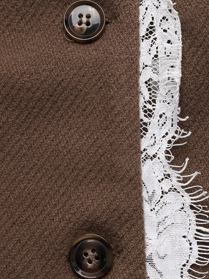Lace Detail Button Up Blazer - Brown - View 8