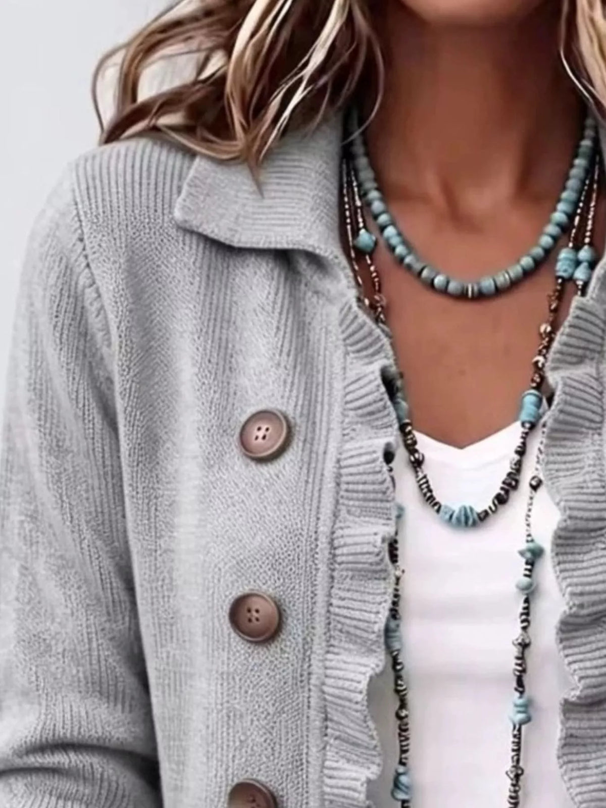 Full Size Ruffled Trim Decorative Button Cardigan Plus Size - Gray - View 2