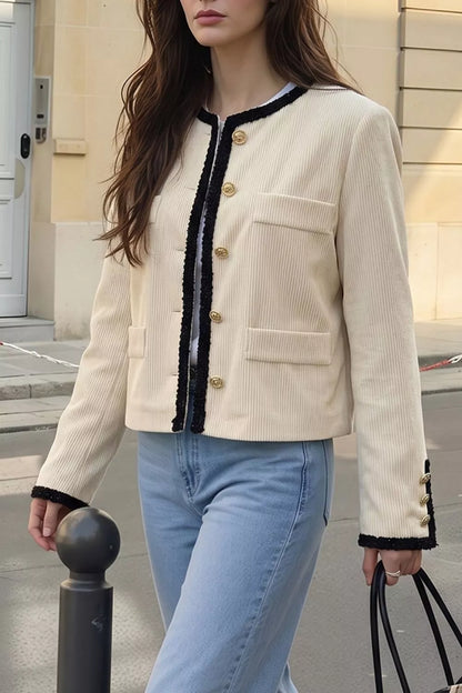 Contrast Trim Cropped Outerwear - Beige - View 4