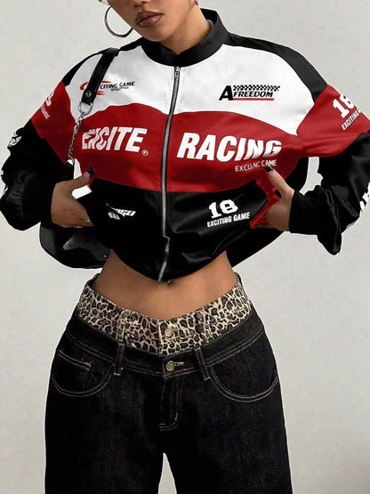Letter Print Zip Up Jacket - Black - View 3