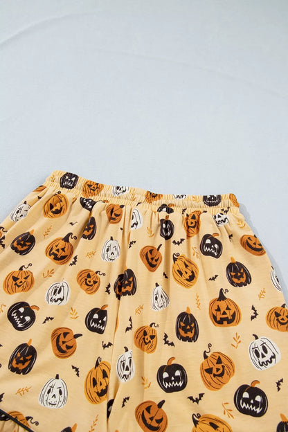 Halloween Pumpkin Print Long Sleeve Two Piece Lounge Set - Gold - View 9