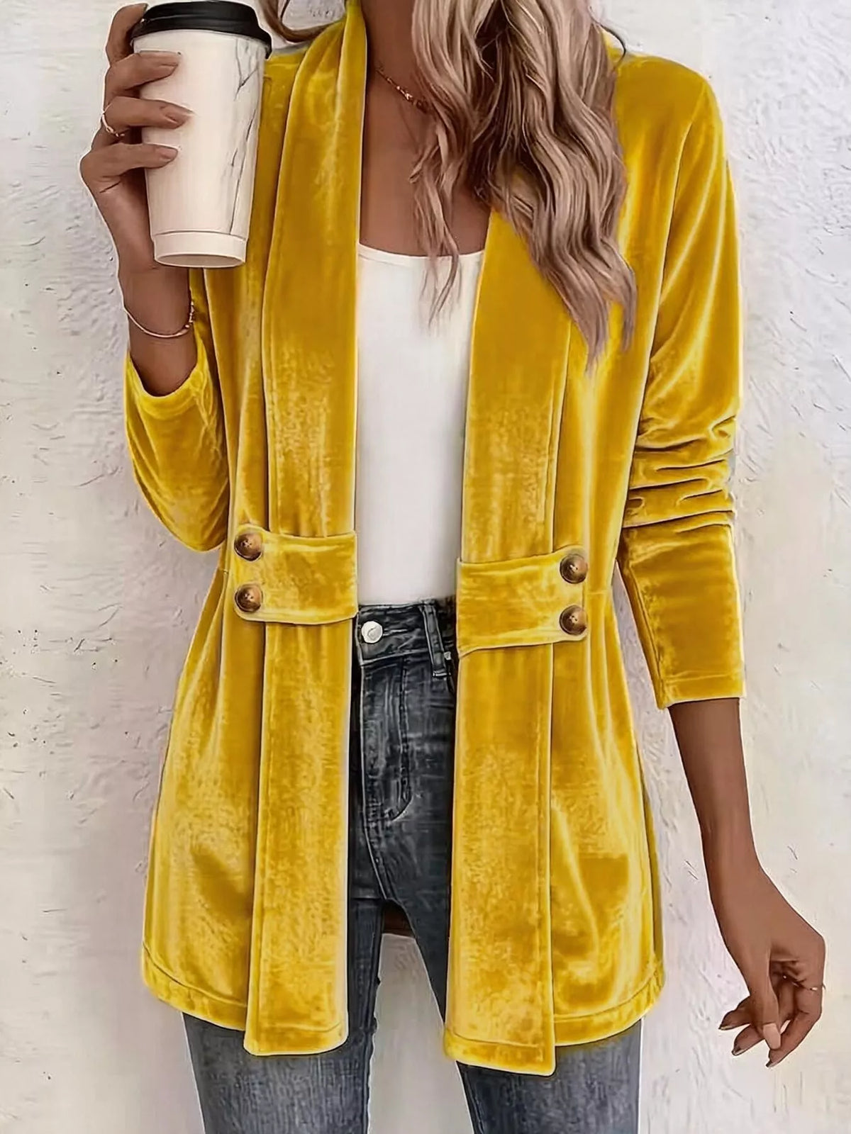 Full Size Velvet Open-Front Cardigan Plus Size - Yellow - View 5