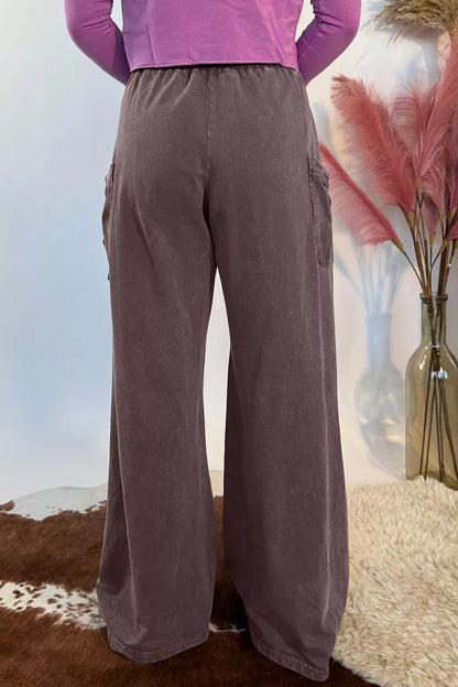 Mineral Wash Elastic Waist Drawstring Tie Detail Cargo Pants - Dark Brown - View 2
