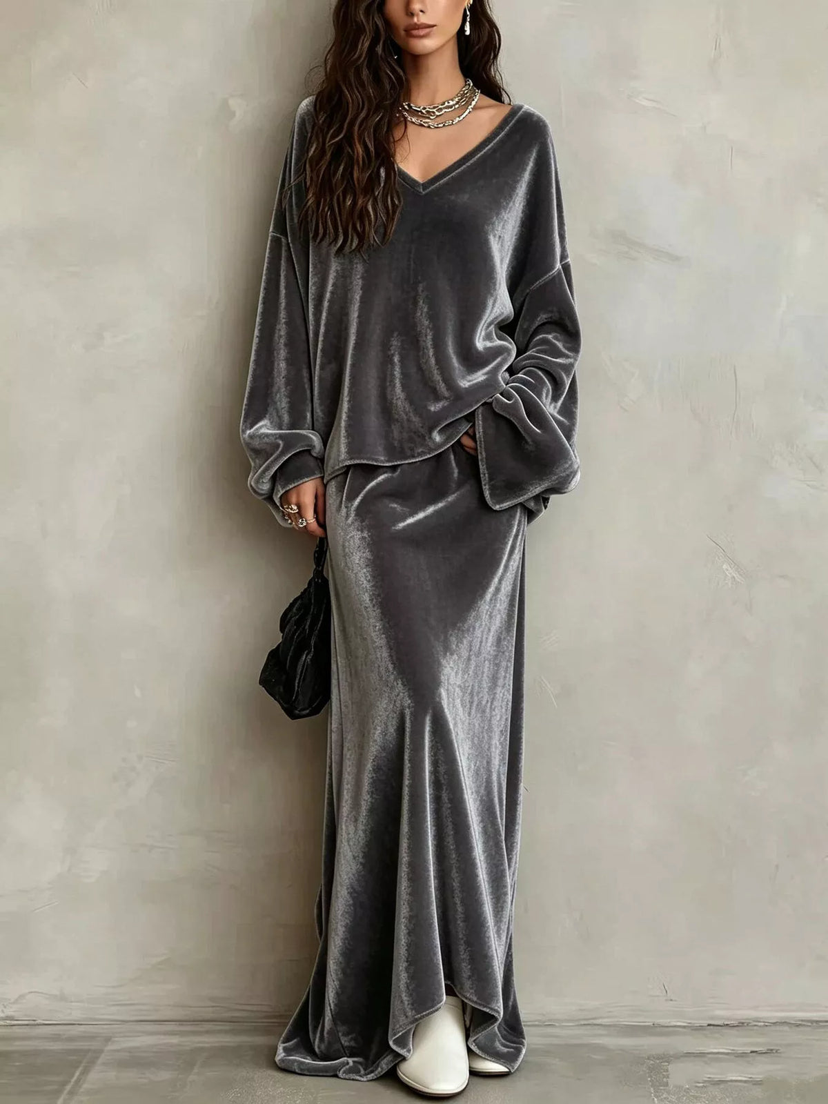 V-Neck Velvet Long Sleeve Top and Maxi Skirt Two-Piece Set - Dark Gray - View 1