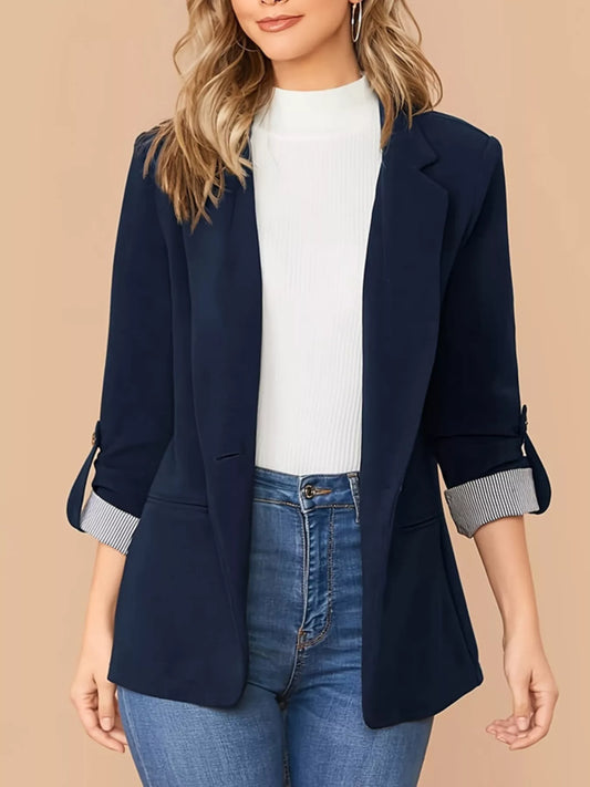 One Button Roll-Up Sleeve Blazer - Navy Blue - View 1