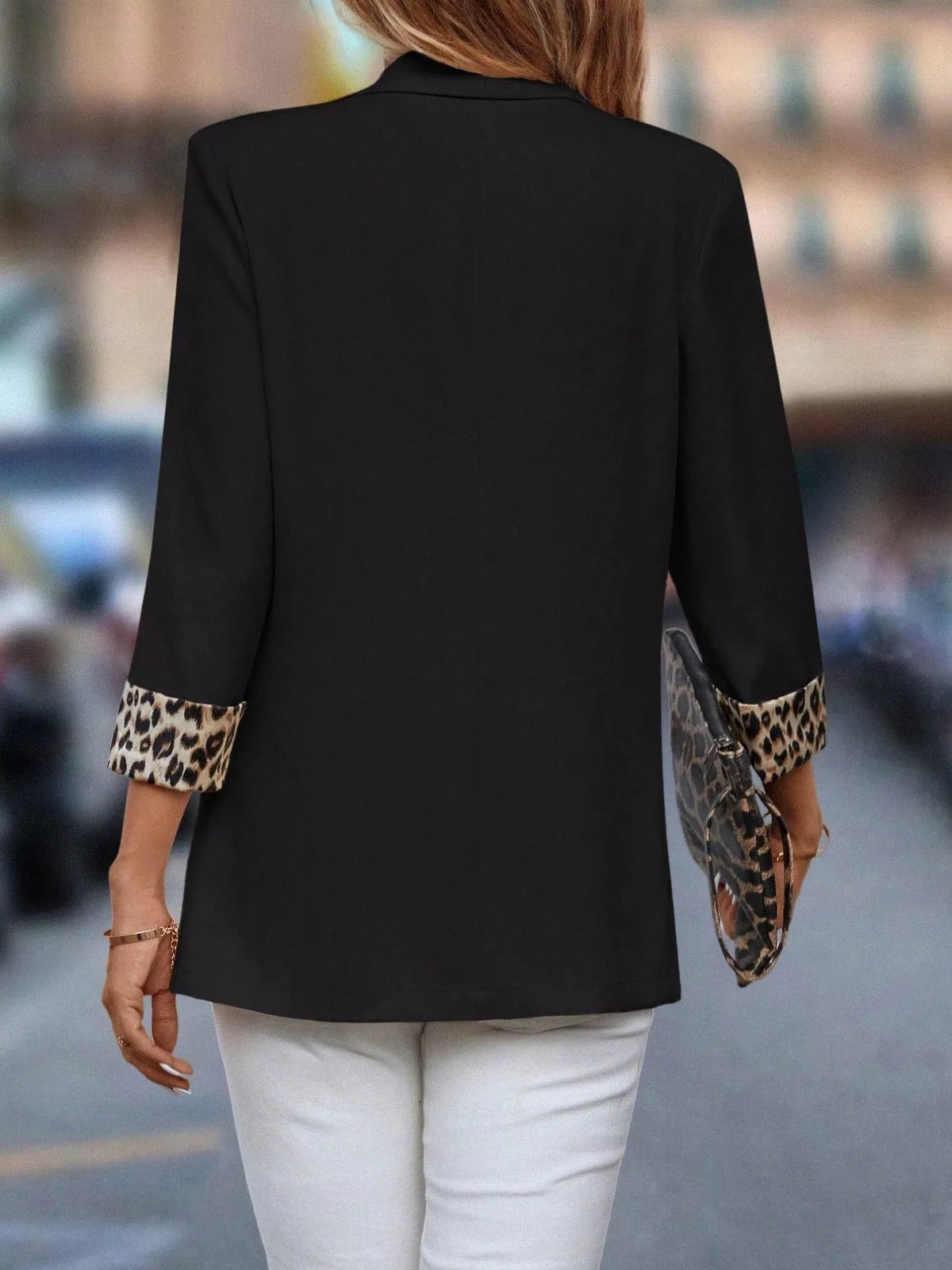 Leopard Cuff Open Front Blazer - Black - View 3