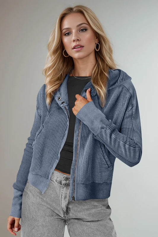 Waffle-Knit Zip Up Long Sleeve Hooded Jacket - Dusty Blue - View 1