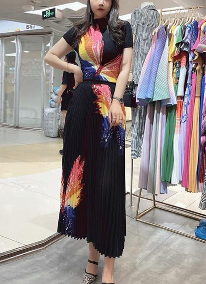 Vintage Temperament Gradient Short Sleeve Printed Shirt +  Elastic Waist Pleated Skirt Women 2 Piece Set