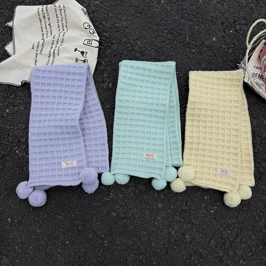 Waffle Knit Pom-Pom Scarf - Lavender Purple, Mint Blue and Creamy Yellow scarves together - View 2