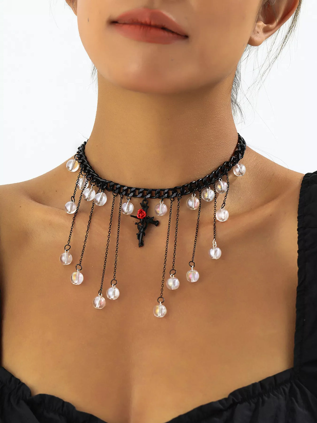 Gothic Rose Cross Dangle Necklace - Black - View 4