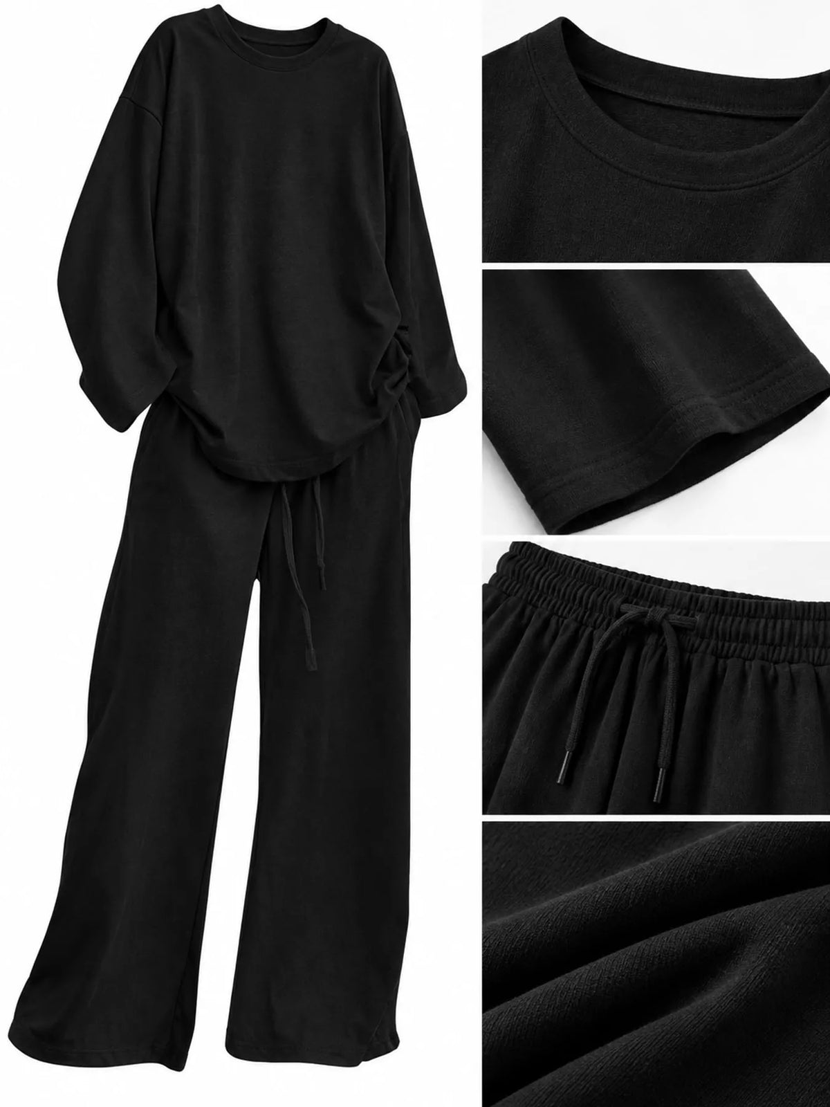 Full Size Round Neck Top and Drawstring Wide-Leg Pants Set Plus Size - Black - View 8