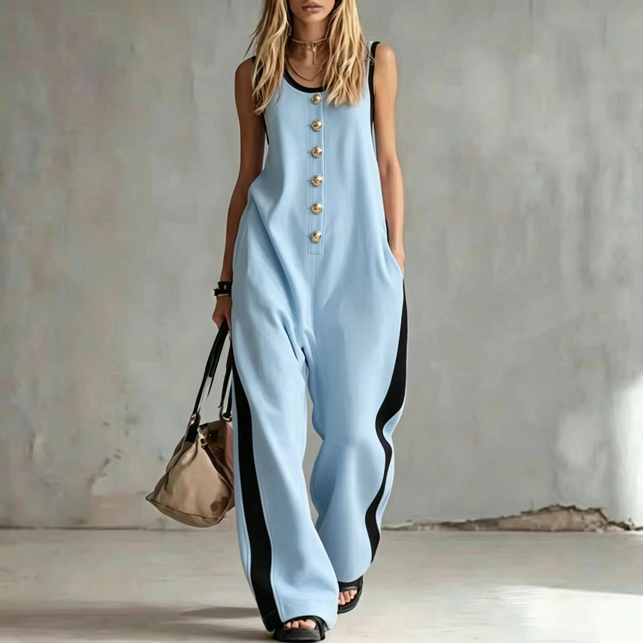 Creative Button Round Neck Color-Blocked Sleeveless Casual Jumpsuit