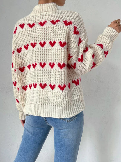 Heart Pattern Mock Neck Chunky Knit Sweater - Beige - View 5