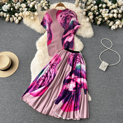 Printed Suit Women's Summer New High Waist Pleated Large Swing Skirt Slim Fit Temperament Top Two-Piece Set