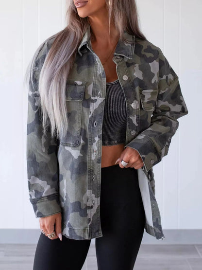 Oversized Camouflage Print Button Up Denim Jacket - Olive Green - View 1