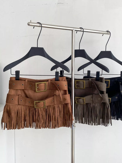 Fringe Belted Mini Skirt - Khaki, Army Green and Black group view - View 3