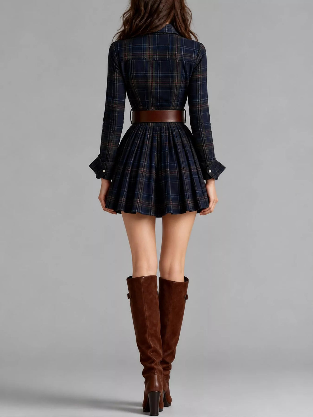 Plaid Long-Sleeve Shirt Dress - Dark Blue (with Belt) - View 8
