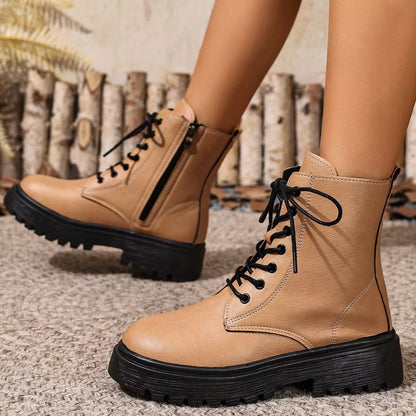 Round Toe Block Heels Boots - Khaki - View 19