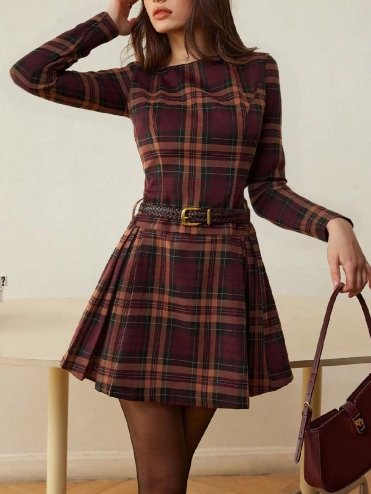 Plaid Long Sleeve Mini Dress - Red - View 1