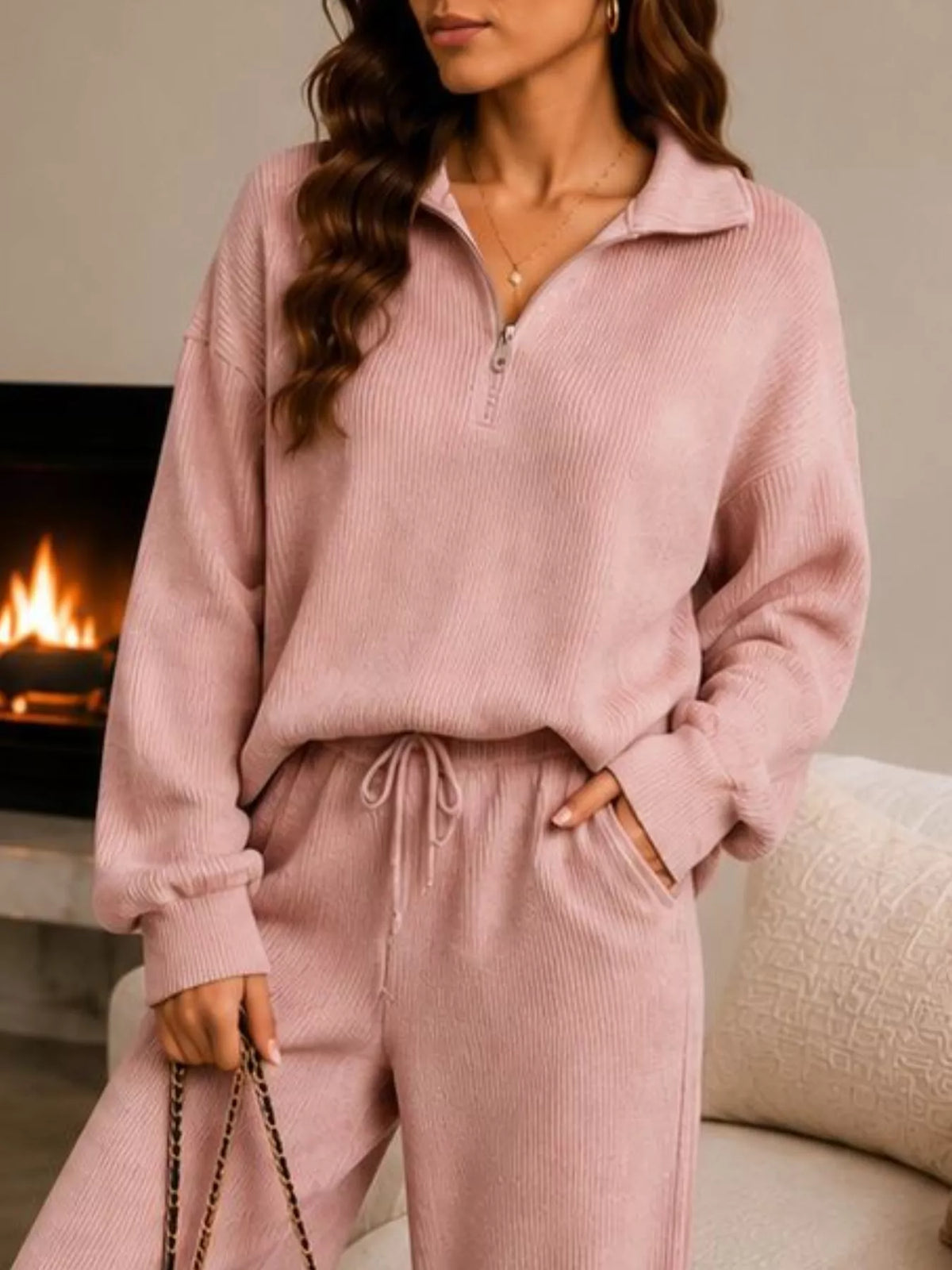 Ribbed Knit Quarter-Zip Top and Wide-Leg Pants Set - Dusty Pink - View 2