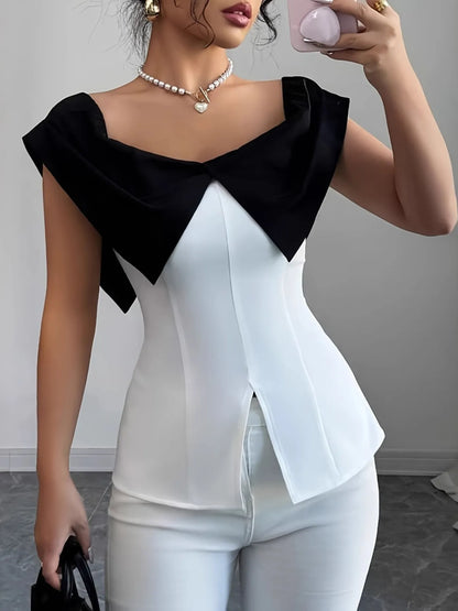 Slit Contrast Cap Sleeve Blouse - White - View 2