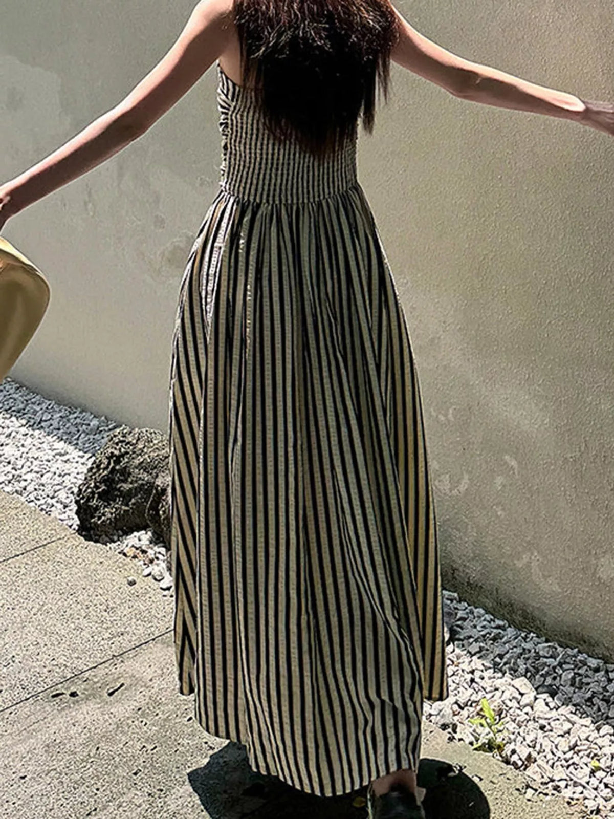 Striped Spaghetti Strap A-Line Maxi Dress - Black - View 4