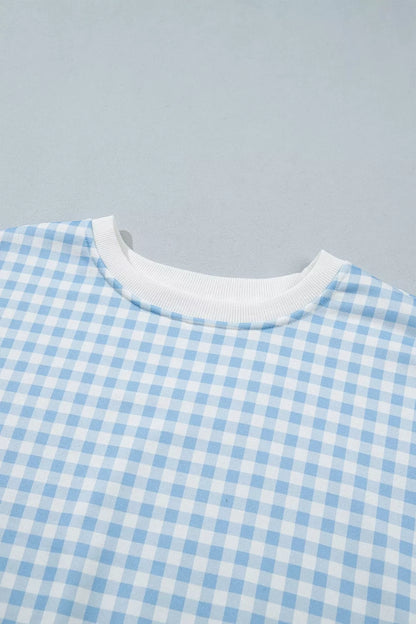 Gingham Long Sleeve Sweatshirt and Shorts Set - Light Blue - View 6