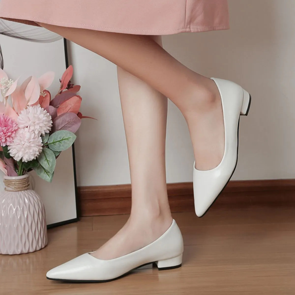 Pointed Toe Low Heel Pump - White - View 8