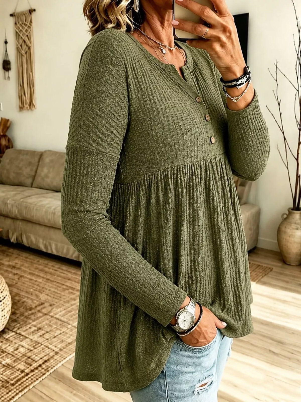 Button Detail Knitted Casual Top - Army Green - View 2
