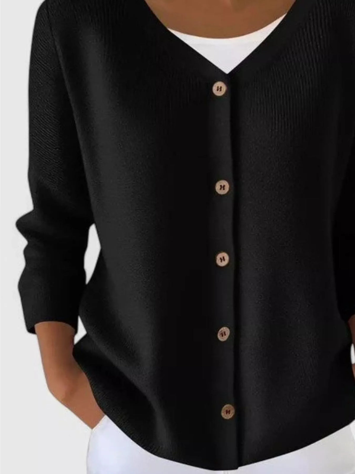 V-Neck Button-Down Ribbed Knit Cardigan - Black - View 3