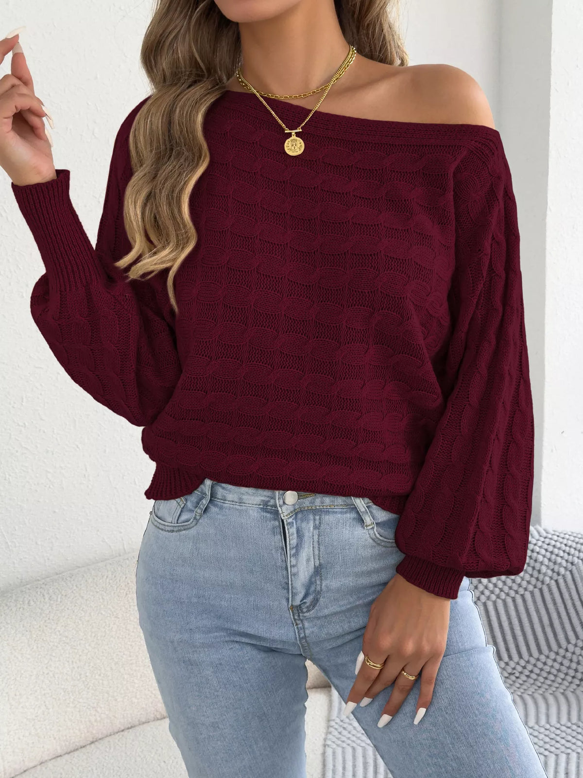 Cable Knit Boat Neck Sweater - Burgundy - View 2