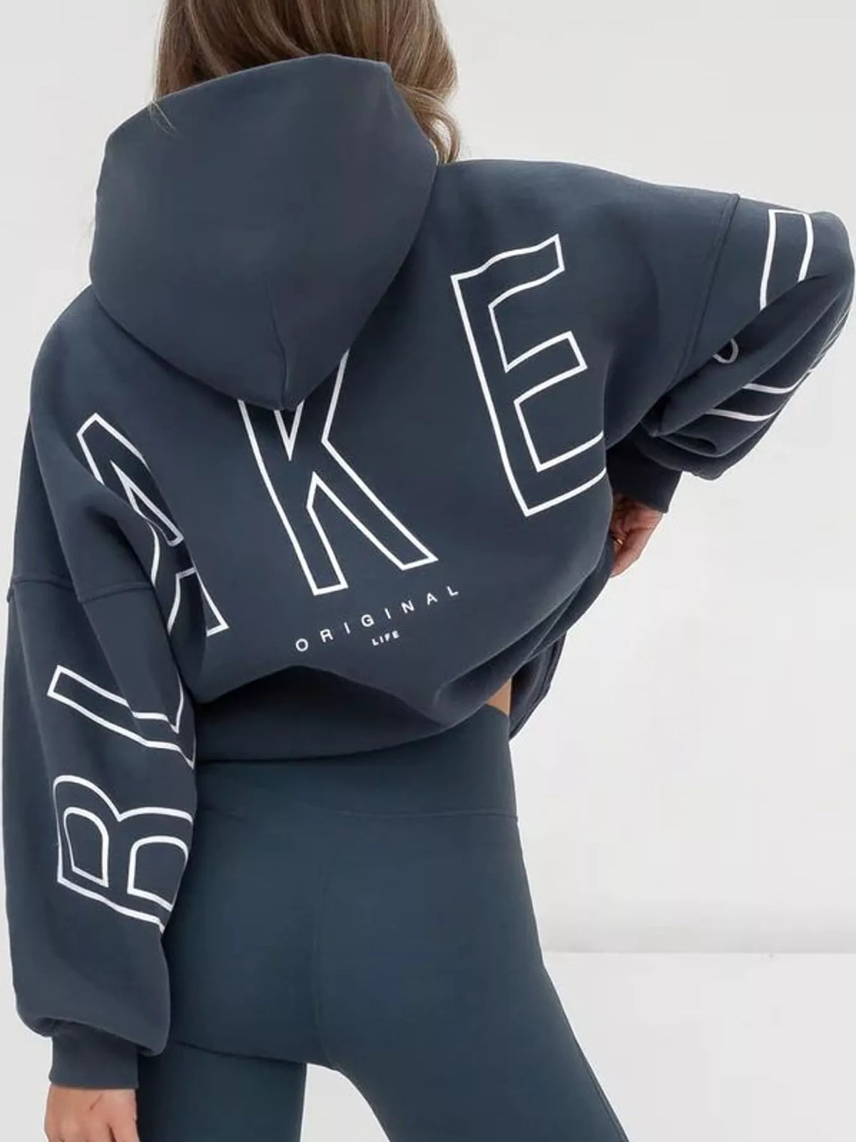 Letter Back Hoodie with Kangaroo Pocket - Ocean Blue - View 10