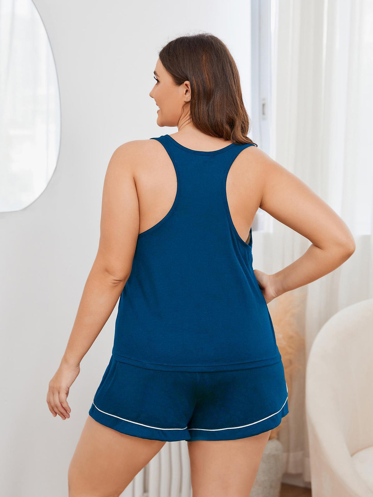 Plus Size Contrast Piping Racerback Tank and Shorts Lounge Set - Peacock  Blue - View 2