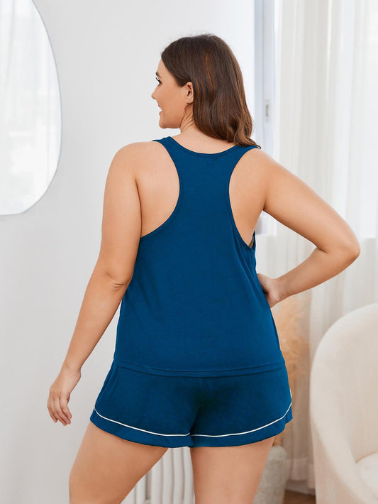 Plus Size Contrast Piping Racerback Tank and Shorts Lounge Set - Peacock  Blue - View 2