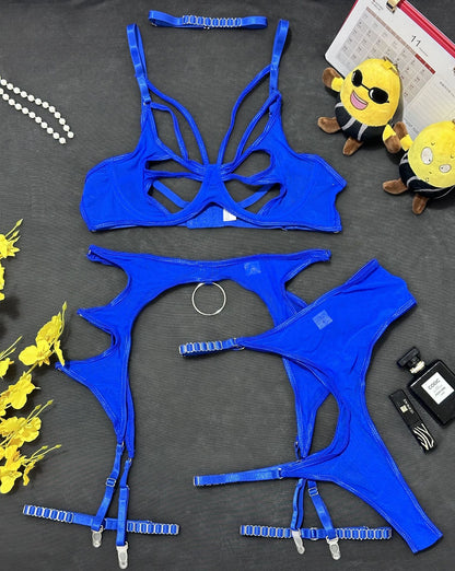 Sexy Hollow-out Splicing Mesh Gathered Body-shaping Underwear Set with Steel Ring