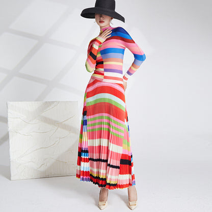 Color Block Pleated 2 Pieces Set Fashion Long Sleeves Slim Tops High Waist Skirts Fashion Printed Clothing