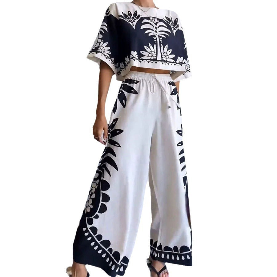 Casual Short Sleeve Set INS Loose Vacation Elastic Waist Women's Two-Piece Suit