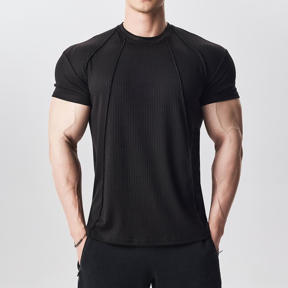 Custom Striped Panel Short Sleeve T-Shirt for Men, Sporty Casual Fitness Training Round Neck Solid Color Base Layer Clothing