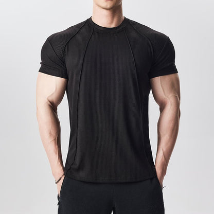 Custom Striped Panel Short Sleeve T-Shirt for Men, Sporty Casual Fitness Training Round Neck Solid Color Base Layer Clothing