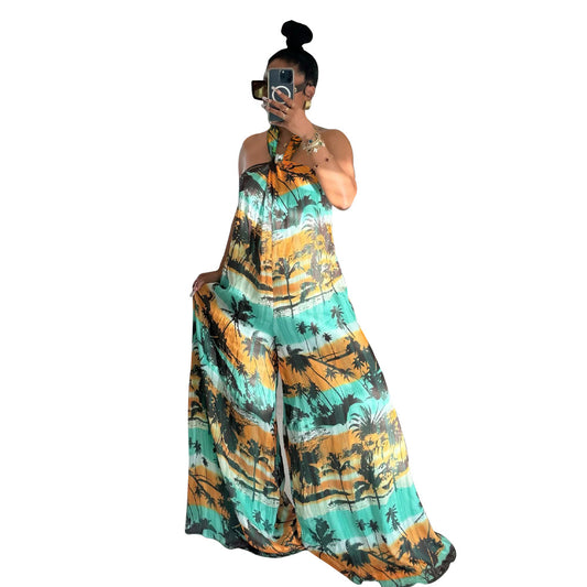 Hanging neck and exposed back loose jumpsuit for women