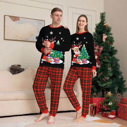 Christmas Tree Deer Black Plaid Family Matching Pajamas Set Long Sleeve Long Pants Sleepwear