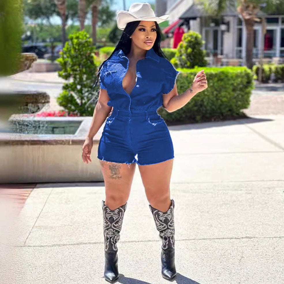 Women's Elastic Waist Jumpsuit Fashion Casual Stretch Denim Jumpsuit for Summer Street Style