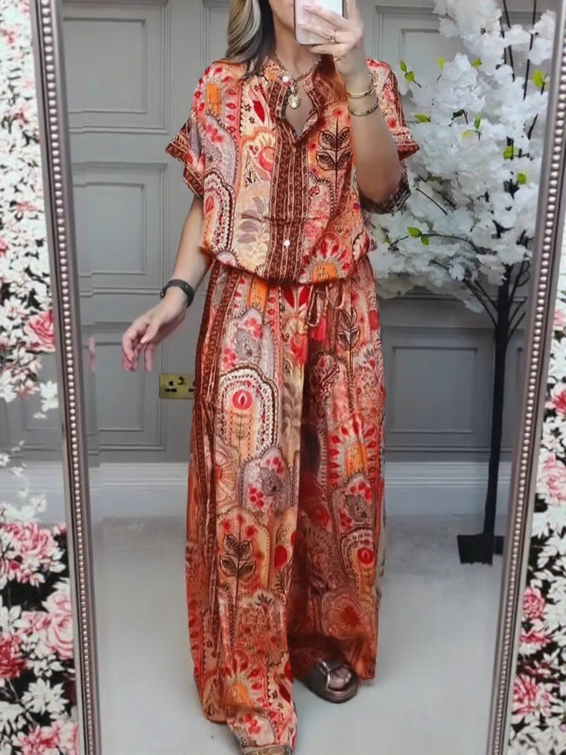 Fashionable Summer Casual Printed Round Neck Cardigan Top with Wide Leg Pants Two-Piece Set