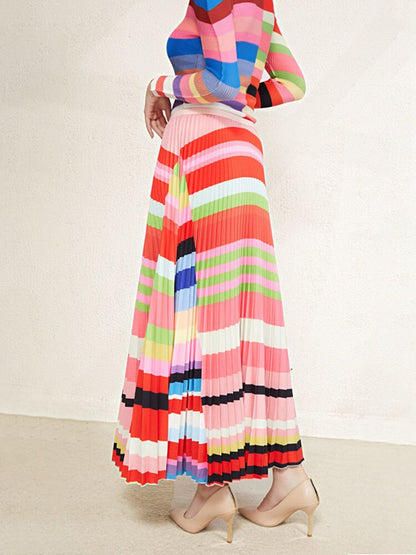 Color Block Pleated 2 Pieces Set Fashion Long Sleeves Slim Tops High Waist Skirts Fashion Printed Clothing